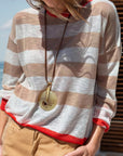 Contrast Striped Round Neck Long Sleeve Knit Top