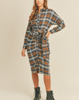 Mable Plaid Flannel Front Tie Button Down Shirt Dress