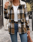 Perfee Pocketed Plaid Button Up Collared Neck Jacket