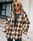 Gray Pocketed Plaid Long Sleeve Hooded Jacket