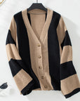 Waffle-Knit V-Neck Striped Long Sleeve Cardigan