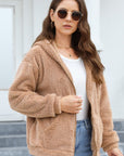 Zip Up Long Sleeve Fuzzy Hooded Outerwear