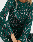 Candy Cane Print Round Neck Top and Pants Lounge Set