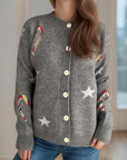 Candy Cane & Star Button Down Long Sleeve Cardigan