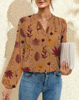 FAM-FAM Printed Notched Long Sleeve Blouse