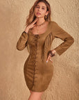 Fringe Lace Up Square Neck Long Sleeve Mini Dress