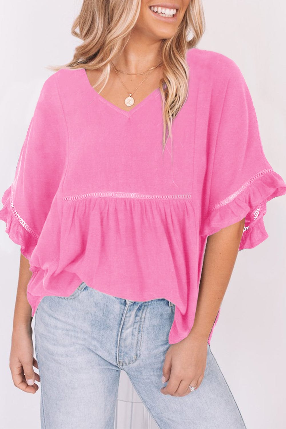 Plum V-Neck Flounce Sleeve Babydoll Blouse