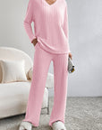 Gray Ribbed V-Neck Top and Pants Lounge Set