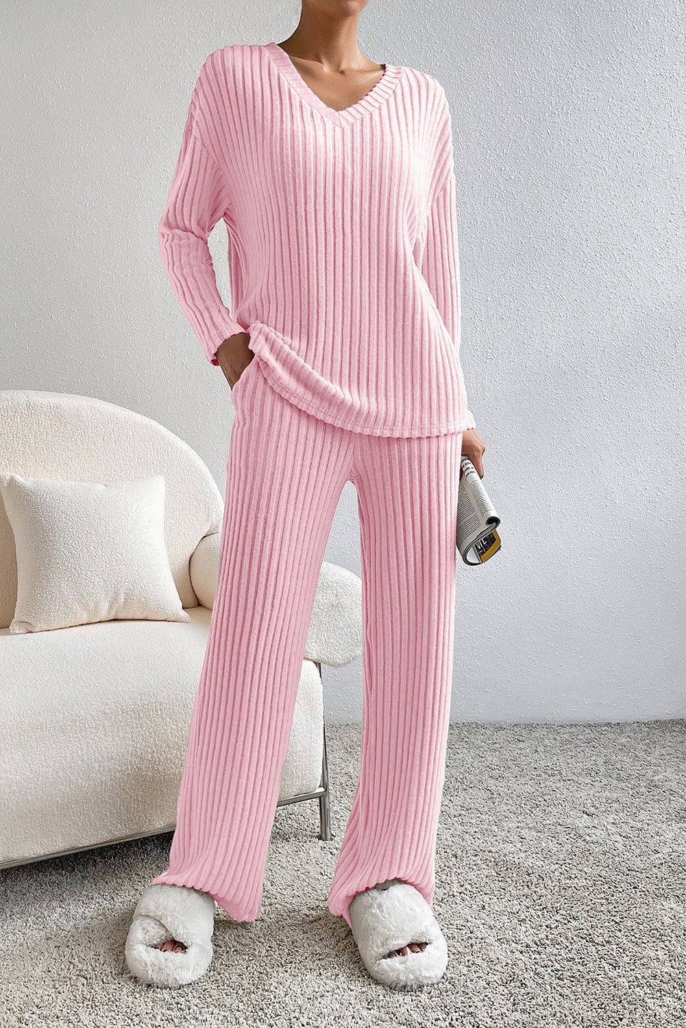 Gray Ribbed V-Neck Top and Pants Lounge Set