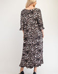 Celeste Full Size Leopard Round Neck Flounce Sleeve Dress