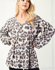 Celeste Full Size Leopard V-Neck Balloon Sleeve Blouse