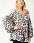 Celeste Full Size Leopard V-Neck Balloon Sleeve Blouse