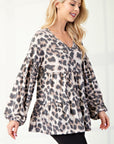 Celeste Full Size Leopard V-Neck Balloon Sleeve Blouse