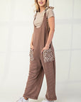 Celeste Full Size Ribbed Leopard Tied Shoulder Overalls