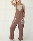 Celeste Full Size Ribbed Leopard Tied Shoulder Overalls