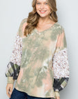 Celeste Full Size Tie-Dye V-Neck Printed Sleeve Blouse