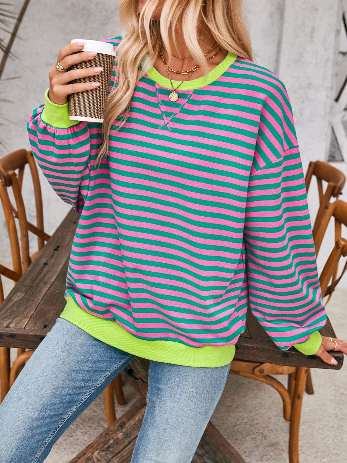 Rosy Brown Contrast Striped Long Sleeve Sweatshirt