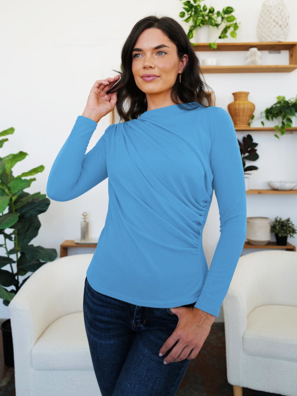 Light Gray Ruched Mock Neck Long Sleeve T-Shirt