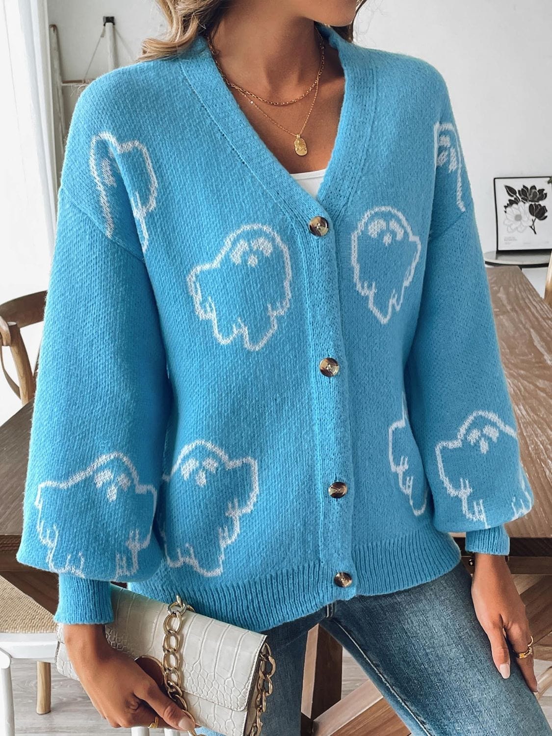 Steel Blue V-Neck Dropped Shoulder Cardigan