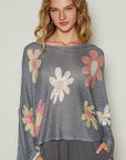 POL Flower Dropped Shoulder Long Sleeve Knit Top