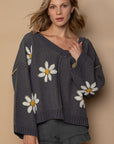 Rosy Brown POL V-Neck Floral Pattern Chenille Sweater