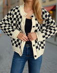 Checkered Button Up Round Neck Cardigan