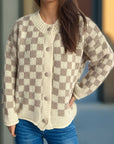 Checkered Button Up Round Neck Cardigan