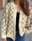 Checkered Button Up Round Neck Cardigan