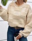 Checkered Round Neck Dropped Shoulder Sweater