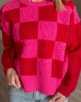 Checkered Round Neck Dropped Shoulder Sweater