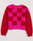 Checkered Round Neck Dropped Shoulder Sweater