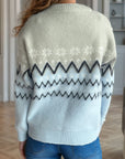 Chevron Contrast Round Neck Long Sleeve Sweater