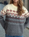 Chevron Contrast Round Neck Long Sleeve Sweater