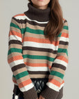 Contrast Stripes Turtleneck Long Sleeve Sweater