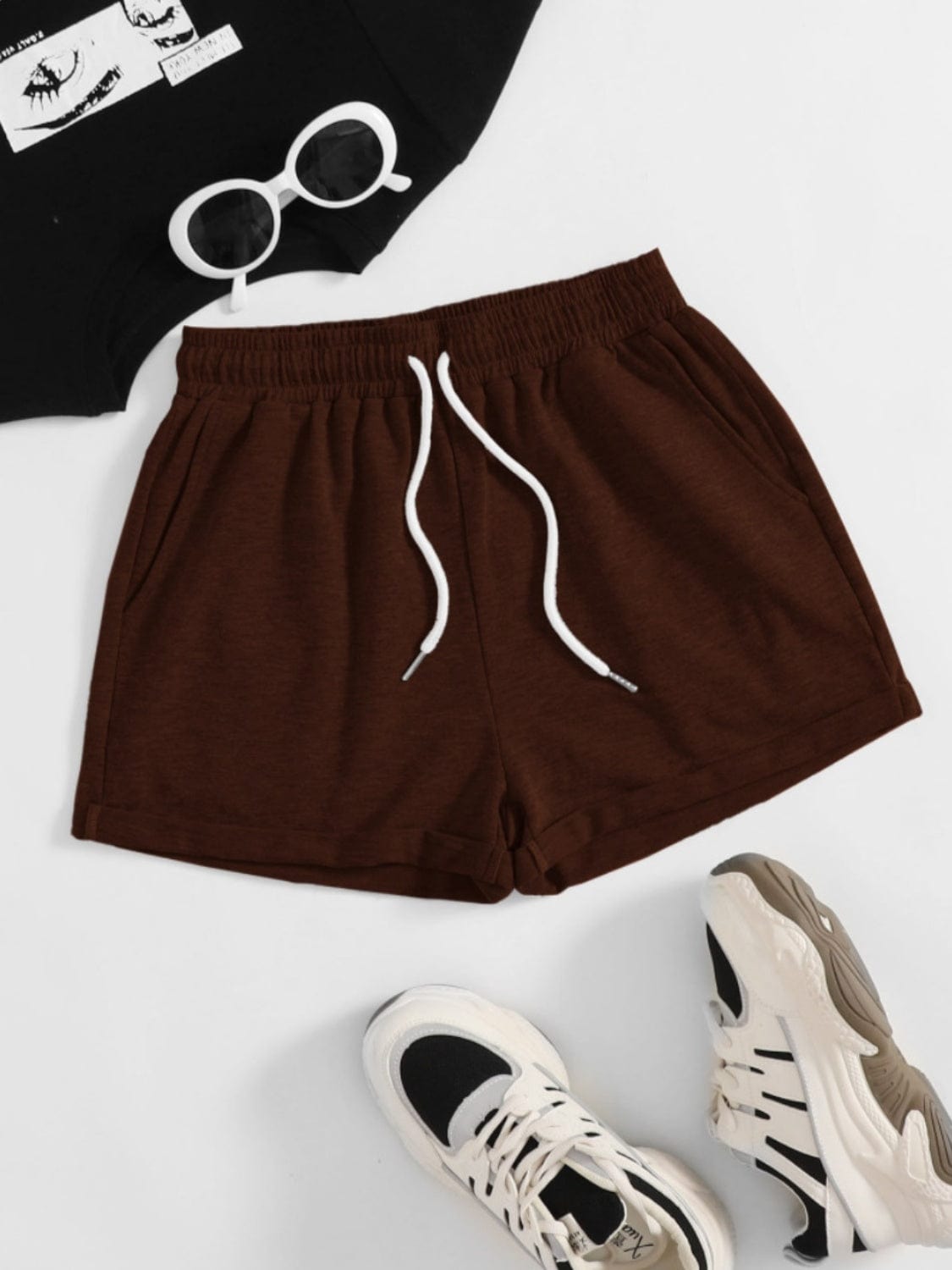 Light Gray Drawstring Pocketed Elastic Waist Shorts