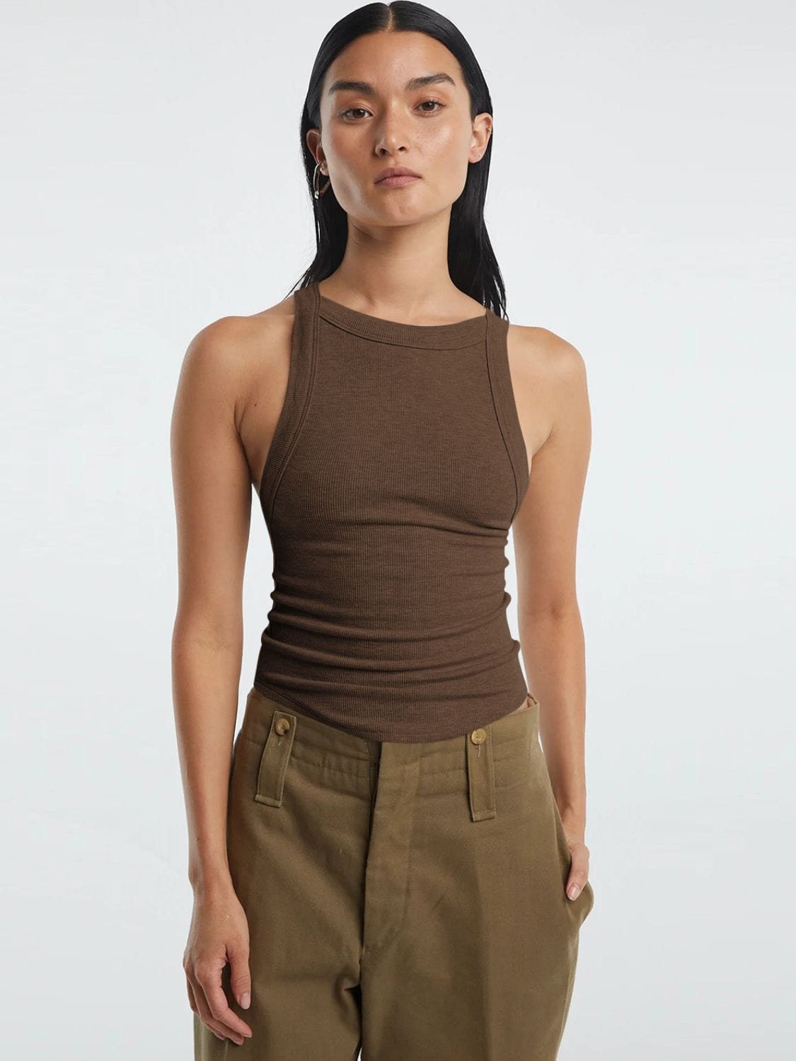 Dark Olive Green Halter Neck Ribbed Cropped Top