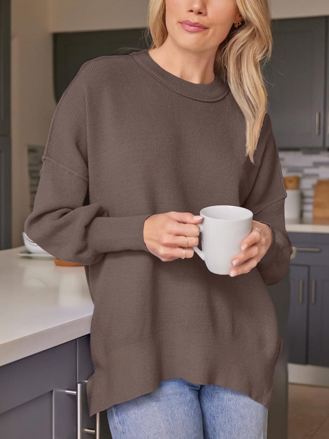 Dim Gray Slit Round Neck Dropped Shoulder Sweater