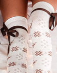 Christmas Element Bowknot Ribbed Trim Over Knee Stockings