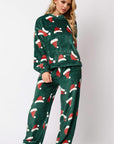 Christmas Hat Pattern Round Neck Long Sleeve Top and Pants Set