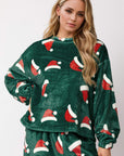 Christmas Hat Pattern Round Neck Long Sleeve Top and Pants Set