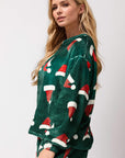 Christmas Hat Pattern Round Neck Long Sleeve Top and Pants Set