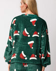 Christmas Hat Pattern Round Neck Long Sleeve Top and Pants Set