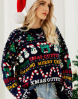 Christmas Print Crewneck Dropped Shoulder Sweater