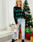 Christmas Tree Round Neck Ribbed Trim Sweater