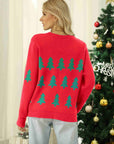 Christmas Tree Round Neck Ribbed Trim Sweater