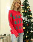 Christmas Tree Round Neck Ribbed Trim Sweater