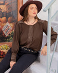 Plus Size Lace Detail Round Neck Long Sleeve Blouse