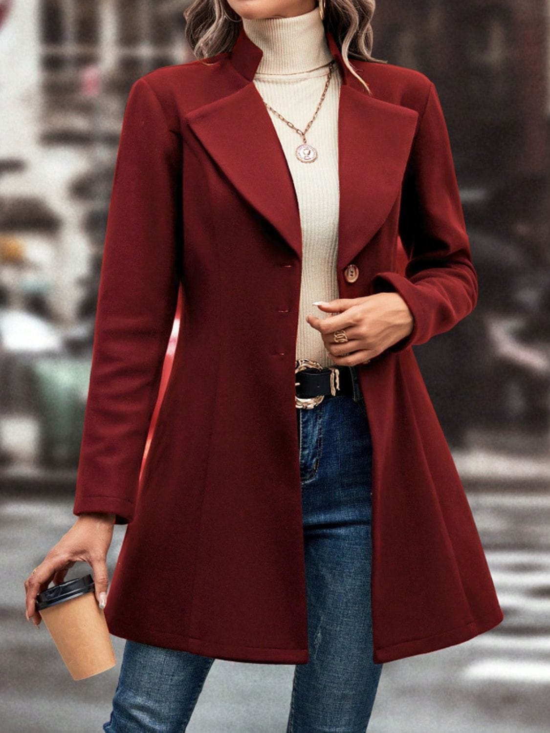 Collared Neck Button Up Long Sleeve Coat