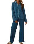 Collared Neck Long Sleeve Top and Pants Lounge Set