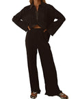 Collared Neck Long Sleeve Top and Pants Lounge Set